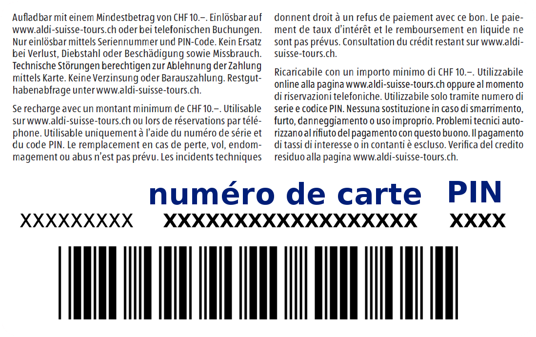 Verso de la carte cadeau ALDI SUISSE TOURS